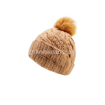 Κορίτσι Πλεκτό Καλώδιο Faux Fur Pompom Beanie Cap